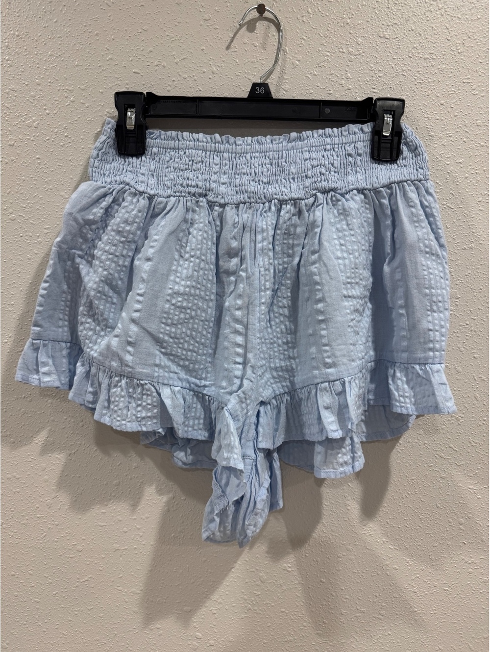 Aerie Blue Seersucker Ruffle Shorts Button Down 2 Piece Set M Coastal Beach
